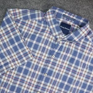 Tommy Bahama Shirt Men XL Short Sleeve Blue Plaid Button Up Coastal Summer Beach